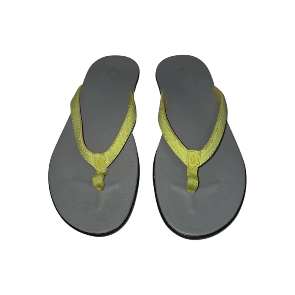 OluKai Ho'opio Womens Flip Flops Grey Yellow Sandals 20294-PZPG Size 7